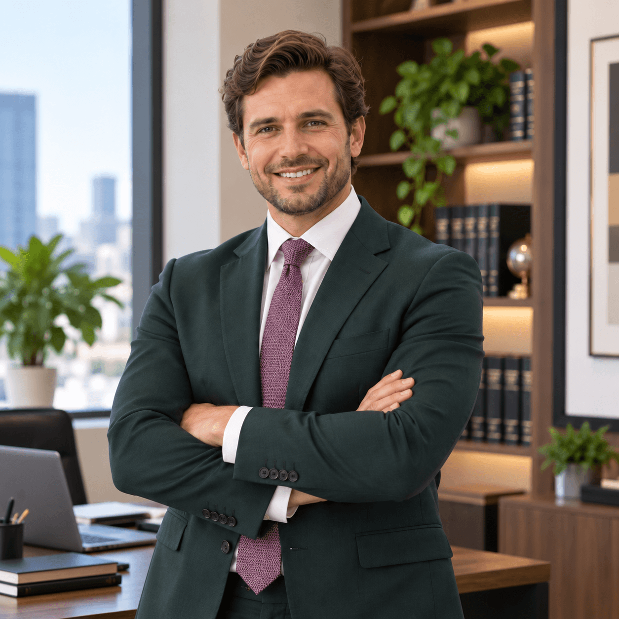 Smiling immigration lawyer in a dark suit standing with crossed arms in a modern office.