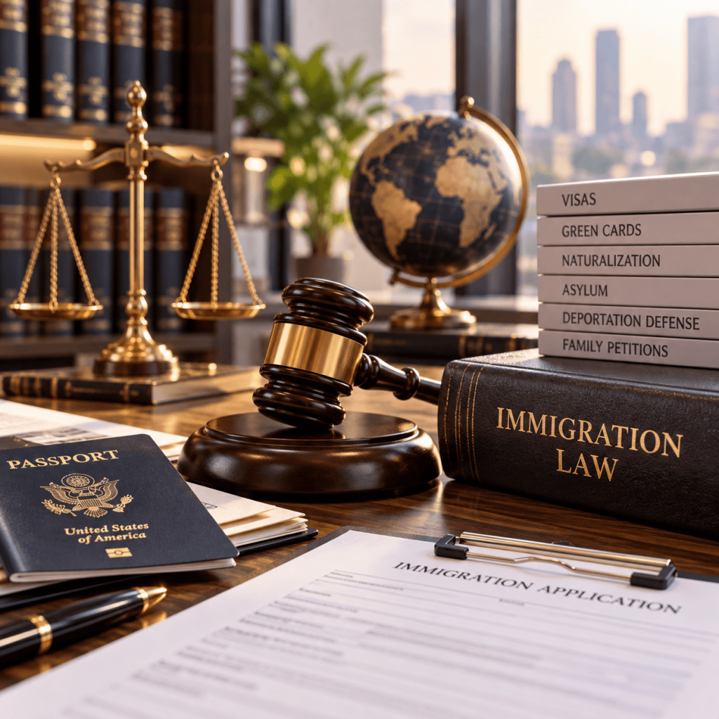 Immigration law office still life with a gavel, scales of justice, passport, globe, immigration law book, and application documents.