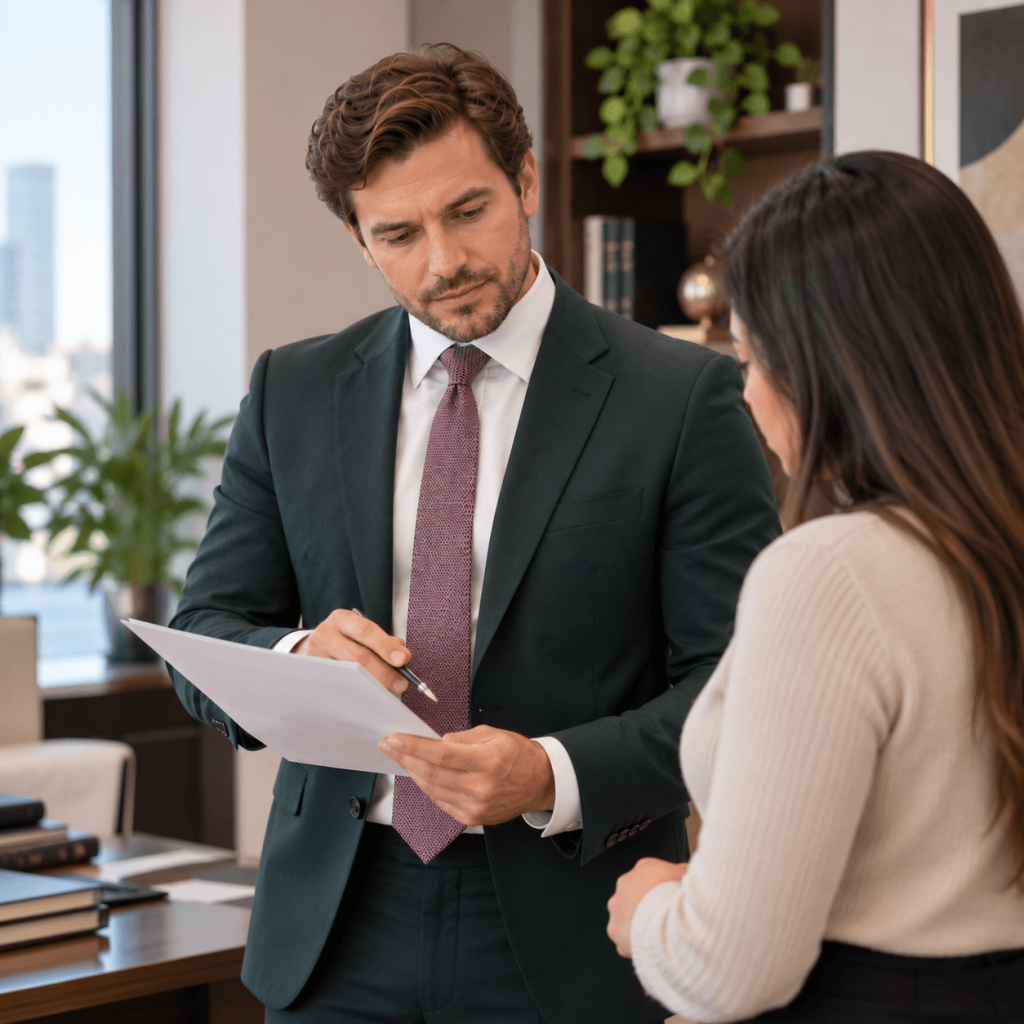 Immigration lawyer reviewing a document with a client during a professional consultation in an office.