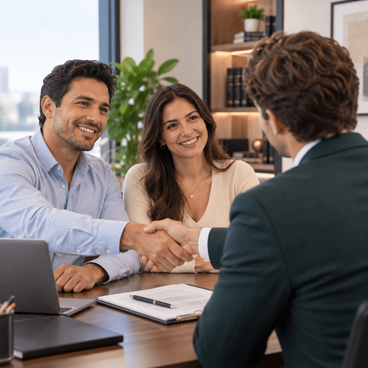 Couple shaking hands with a immigration lawyer during a successful consultation in a modern office.