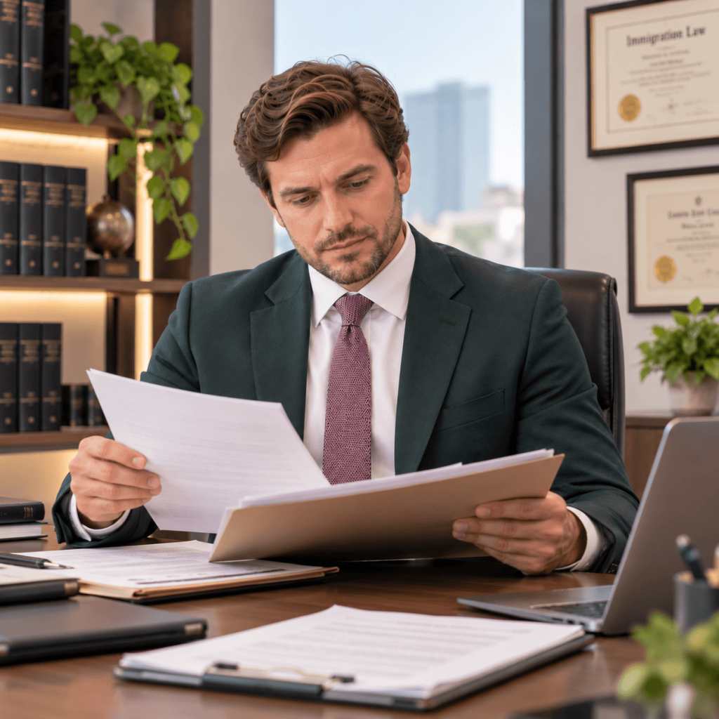 Immigration lawyer in a suit reviewing documents at a law office desk with legal books and framed certificates in the background.
