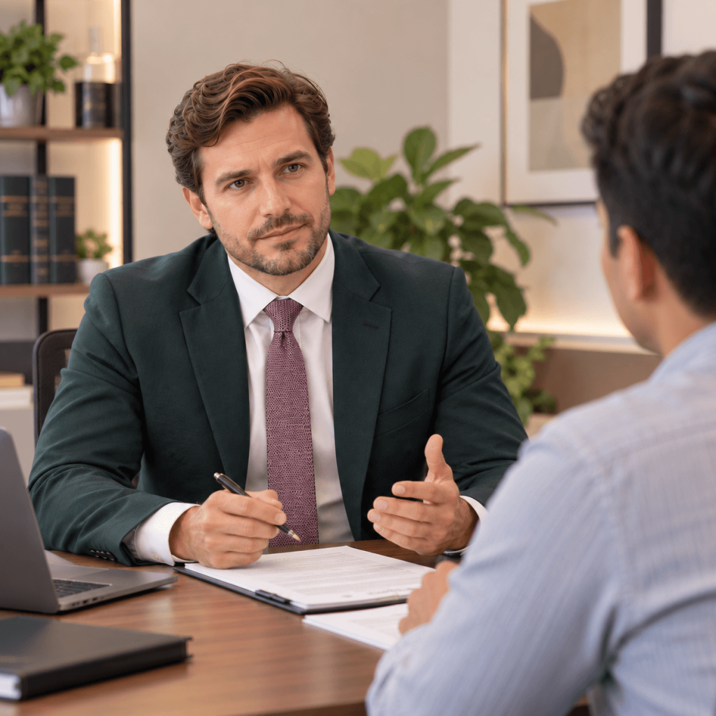 Immigration Lawyer in a suit discussing documents with a client during a professional consultation at an office desk.